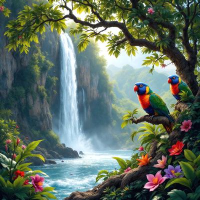 The primary subject of the image is a pair of colorful birds, specifically parrots, perched on a tree branch. The setting is a lush, tropical environment with a waterfall in the background. The visual style is a digital art or illustration, creating a vibrant and lively atmosphere. The dominant colors are green, red, and blue, reflecting the natural beauty of the scene.